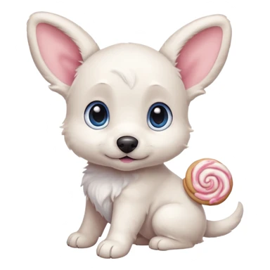 a shy but friendly white puppy with long ears that let him fly, blue eyes, pink cheeks, and a tail shaped like a cinnamon roll sticker