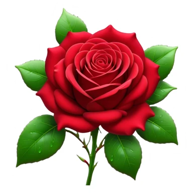 Cinematic Realistic Rose Emoji, Elegant and full of grace, with velvety, deep red petals unfurling in a perfect bloom, dew drops glistening on the soft edges, and a faint fragrance hanging in the air. The lush green leaves surround the stem, creating a vibrant contrast to the rich color of the petals. Soft glowing outline, capturing the essence of timeless beauty and romance in a single bloom. sticker