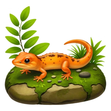 A small orange-brown newt on a mossy rock near a pond. Realistic lighting, visible tail, green plants and soft sunlight, detailed wildlife photo. sticker