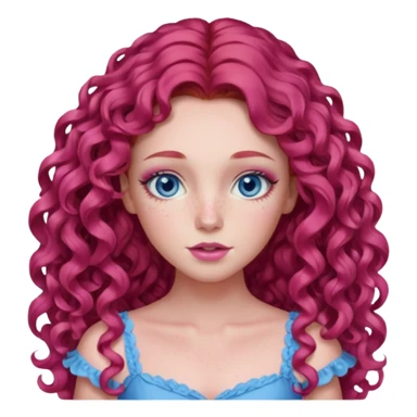 Chappell Roan long red curly hair, blue eyes, pink eyeshadow and lip, pink dress sticker