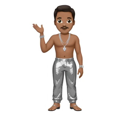 Charlie Wilson with dark brown hair, silver sequin baggy pants, shirtless with necklace sticker