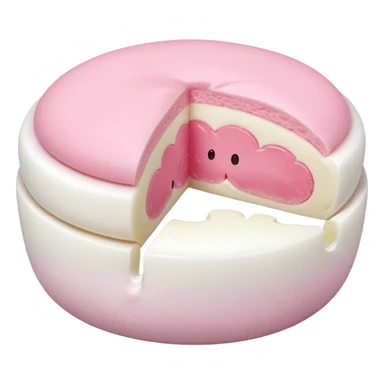 A soft round mochi cut in half, showing pink or red filling inside, white outer layer, smooth and pillowy texture, simple flat design, centered on transparent background. sticker