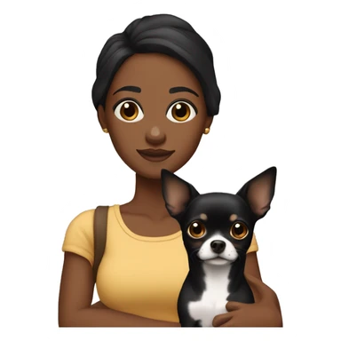An African American with dark skin and straightened black hair holding a black and brown chihuahua  sticker