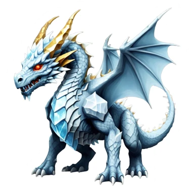 This extraordinary hybrid creature combines the elemental power of an ice dragon with the raw physical might of a stone golem. Its core body resembles a cluster of angular, faceted stones that have been infused with magical ice energy. The creature's head features a draconic shape with curved horns and piercing amber-gold eyes, but parts of its face retain the jagged stone texture. Blue-white energy flows between the gray rock segments, creating glowing lines throughout its body. The creature has developed partial wings made of crystalline ice formations extending from its rocky frame, and its tail alternates between stone segments and ice spikes. Sharp teeth line its mouth, some appearing as polished stone, others as ice crystals. Frost continuously emanates from its body, and when it moves, it creates a distinctive sound of grinding stone and crackling ice. full body sticker