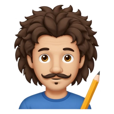 Make a cute guy with bouncy curly dark brown hair with a disconnected goatee and medium skin with a thin parted pencil mustache and lion ears sticker