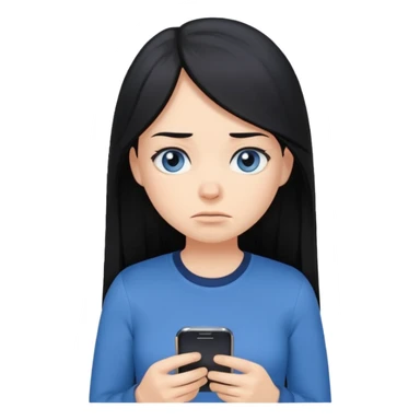Cartoon emoji of a girl with long, straight black hair, fair skin, gentle blue eyes. Wearing a navy top, looking miserable and stressed, scrolling on her phone or watching TikTok. Smooth, simple, stylized. sticker
