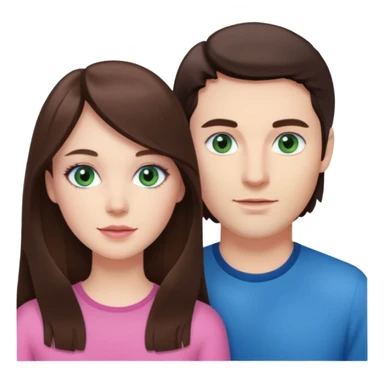 pink polaroid photo of a couple thats white with long brunette hair blue eyes and a white guy with short brunette hair and green eyes sticker