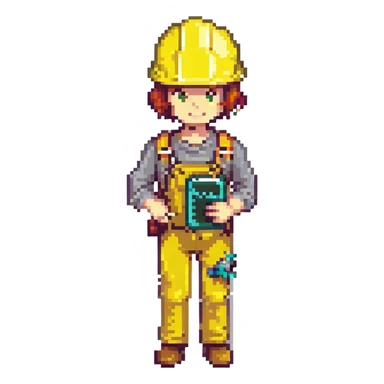 pixel art style engineer with yellow helmet and ruler sticker
