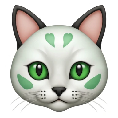 Haz una gata de ojos verdes la cara blanca con mancha negra en las orejas que agarra parte de la frente del lado der pero del iz va desde el ojo hasta la oreja la mancha, tiene la nariz negra en forma de corazón y todo lo que sobra de la cara, barbilla la nariz arriba y el lado de bigotes es blanca sticker