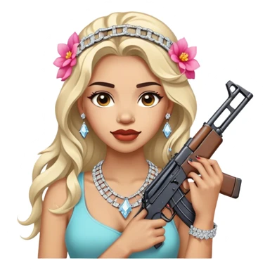 A beautiful woman with flowers in her hair, holding an AK-47 and has diamond grills in her teeth and big diamond chain on her neck that says icy and B diamond sticker