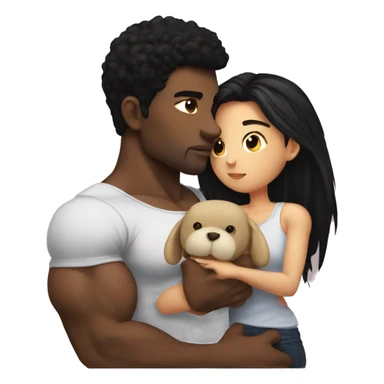 black haired girl holding a plushie while being kissed in the head by her strong muscular bf sticker