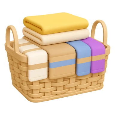 Make the wicker basket a little lighter in color, keep socks draped over towels and folded towels on top, in the style of emoji. Remove the background. sticker