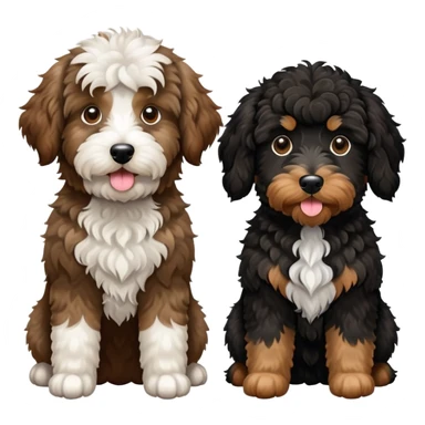 2 dogs: one light brown Aussiedoodle, one all-black Bernedoodle with white eyebrows. Both same size. sticker