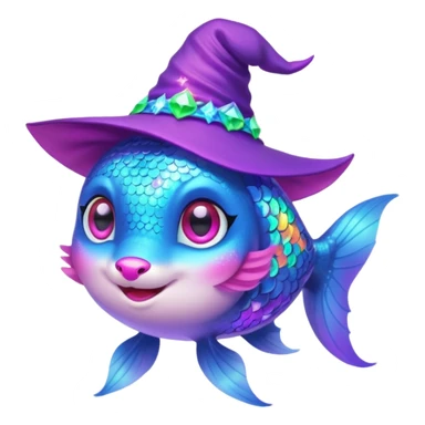 Make the rainbow fish glow with a magical aura and change the blue fox to a neon teal color, keep the purple sparkly witch hat, magical background, and big pink heart in vibrant toon style. sticker