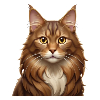 Cinematic Brown Maine Coon Cat Portrait Emoji, Elegant and alert, sleek brown and gold tones with hints of deep auburn, Simplified yet sharp features, highly detailed, glowing with a warm, confident glow, high shine, intelligent and poised with an air of wisdom, stylized with an air of grace, focused and attentive with a calm, old soul expression, soft glowing outline, capturing the essence of experience and majesty, so lifelike it feels as though it could spring into motion at any moment, radiating wisdom and grace. sticker