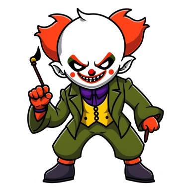 evil clown warrior, bald, small black horns on forehead, fangs, pointed ears, eye patch over one eye, long coat over black and military green leisure suit with bellbottom pants, tail, holding a whip, no knife, realistically proportioned, less bulky, full body visible, battle-ready fighting posture sticker