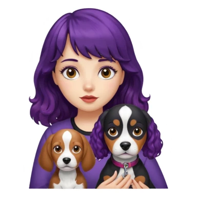 Girl with long black and purple curly hair and blunt bangs holding a beagle sticker