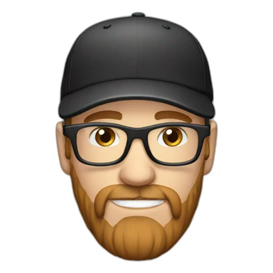 White male wearing headphones, clear glasses, black cap and brown beard sticker