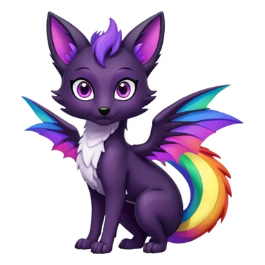 Cartoon female black Fox dragon hybrid purple eyes with rainbow colored wings face front full body sticker