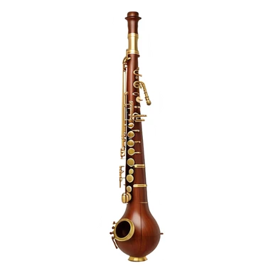 Create an elegant and detailed emoji representing a professional Yamaha bassoon. The design should feature the sleek wooden body of the bassoon with its rich wood tones, showing the intricate keywork and metal springs. The metal tubing of the instrument should be clearly visible, with polished brass accents. Highlight the bell and the distinctive, curved shape of the instrument. The mouthpiece and reed should be visible at the top, emphasizing the functional details. Use warm wood tones like dark brown, with gold and brass accents for the keys and fittings. Add soft musical notes or soundwaves to represent the deep, resonant sound of the bassoon. The background should be transparent. sticker