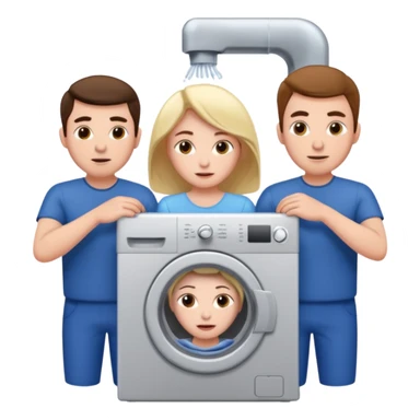 Eine Frau die in der Waschmaschine feststeckt und zwei männer die ihr helfen sticker