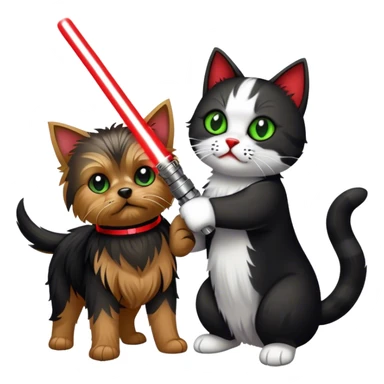 yorkshire terrier with green lightsaber fighting a black and white cat with a red lightsaber sticker