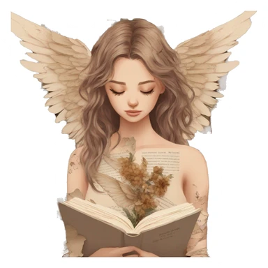 Library book bookworm academia aesthetic beige angel broken angel fallen angel tattoos with broken wing damaged wing torn wing, made of newspaper cuttings and dried flowers brown flowers sticker