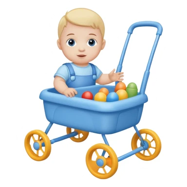blue baby walker with toys on  it and baby is sittting sticker