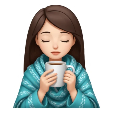 brunette girl cozy in a blanket, holding a coffee mug, eyes closed sticker