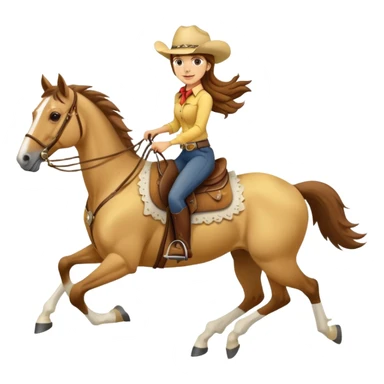 yellow palomino horse running with 4 legs a woman rider with brown hair and a cowboy hat sticker