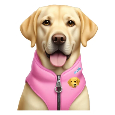Yellow Labrador wearing a pink vest coat that says assistance dog  sticker