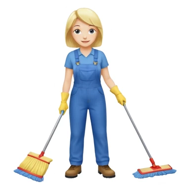 middle-aged women, Custodian with yellow rubber gloves, white T-shirt, blue overalls, mopping floor sticker