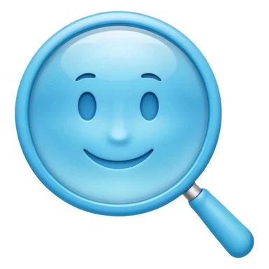 A 3D emoji-style magnifying glass, smooth rounded shapes, soft gradient blue ring, glossy plastic material, subtle highlights and reflections, simple minimal design, pastel blue color, slightly thick proportions, soft lighting, clean white background, modern emoji aesthetic, centered composition sticker