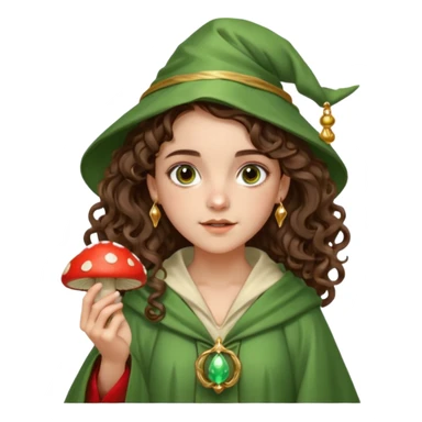 very beautiful italian girl, dark brown eyes, looking like Emma Watson, with curly and big volume very bright brown hair, and a golden piercing ring in nose on left side, dressed in a beautiful wizard robe of green colors, holding red fly mushroom sticker