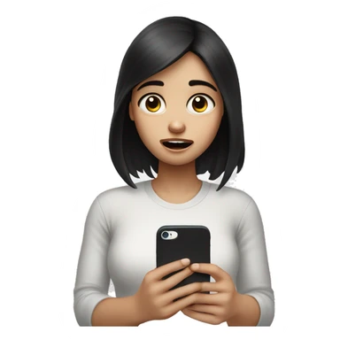 A girl with white skin and dark hair is crying, holding her phone in her hand and pressing her finger on it and looking into it   sticker