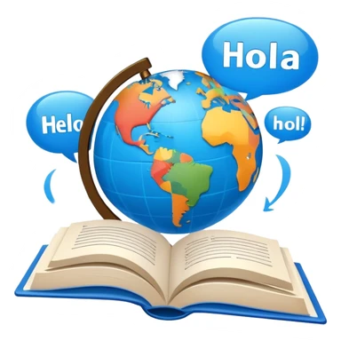 An icon showing a globe surrounded by speech bubbles with greetings in different languages, like 'Hello,' 'Hola,' and 'Bonjour.' The design includes an open book and a quill, symbolizing learning and communication. Transparent background emphasizes global connection through language. sticker