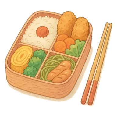 Japanese style bento box, soft pastel kawaii hand-drawn, full object, transparent background, with a pair of chopsticks sticker