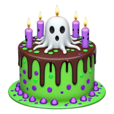 Chocolate Halloween cake with ghost floating and spiders on the side crawling with glowing green frosting dripping down the sides with candles on top and purple and black confetti  sticker