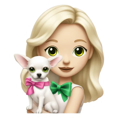 pale blond girl with wavy long platinum hair with green eyes holding a white chihuahua puppy that wearing a pink bow sticker