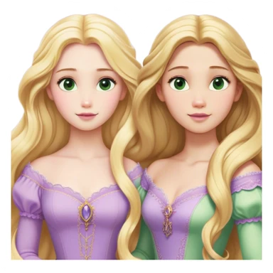 Cinematic Realistic Rapunzel Portrait, with porcelain-like skin featuring a subtle, natural glow, illuminated by soft lighting that brings out the gentle contours of her face. Her long, golden blonde hair cascades in detailed waves, each strand highlighted with a radiant shimmer as it catches the light. She playfully holds a flower in one hand, her other hand resting casually in her lap, with a warm and spirited expression. Her bright, expressive green eyes exude curiosity and warmth, framed by delicate lashes and soft, arched brows. She is dressed in her classic lavender and pink gown, the fabric textured with delicate folds that flow naturally, catching the light with a soft, radiant glow. The portrait captures a luminous, enchanting aura, seamlessly blending realism with a whimsical, fairytale charm, evoking a timeless sense of beauty and magic. sticker