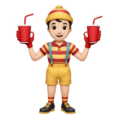 1930s rubber hose cartoon-style cup character with a big smile, black eyes, red nose, and striped straw on head. Wearing red shorts, yellow gloves, brown shoes, black shirt. Arms on hips, cheerful pose. Vintage Disney/Fleischer style, clean lines, limited colors, slight paper texture. 
 sticker