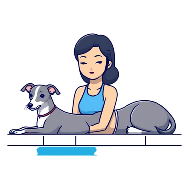 Slim Chinese woman with long black hair in appropriate pool attire relaxing by a swimming pool with her Italian greyhound that is COMPLETELY solid grey, with absolutely NO white markings anywhere, single uniform grey color throughout entire dog body sticker