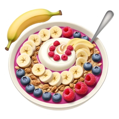 smoothie bowl with bananas, raspberries, blueberries, granola and peanut butter sticker
