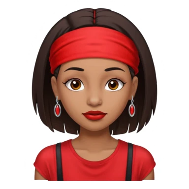 light-skinned black girl with long eyelashes with long strait dark brown hair with edges wearing a red top with no sleeves. and a red accessory on her head with nose and mouth piercings. sticker