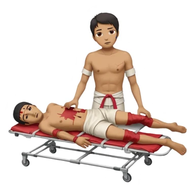 a man of oriental appearance, dressed in torn clothes, full length, in a prone position, with injuries on a medical stretcher, 1980 sticker