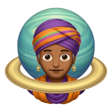 A bold emoji-style illustration with Saturn 🪐 as the dominant element, clearly showing its bright rings. Inside the planet, a stylized man wearing a colorful turban 👳🏾‍♂️, depicted as a mystical or adventurous character, sitting or floating within Saturn, integrated with the planet’s texture. . sticker