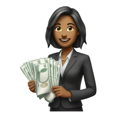 business woman with a piece of paper in the right hand and money in the left. Holding hands up and smiling. sticker