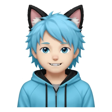 A fluffy anime-style male character with black fur, cat ears, a long fluffy tail, and sharp blue eyes. He wears a light cyan hoodie that says 'Imagine and go with the flow' and matching sweatpants. He has sharp fangs that show when he smiles, giving him a playful but mysterious vibe. sticker