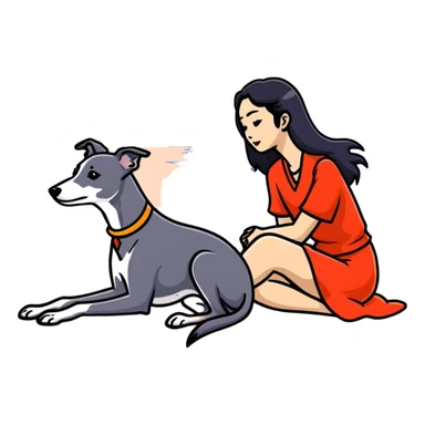 A very beautiful and attractive 25-year-old Chinese woman with long flowing black hair and a SOLID DARK GREY whippet sitting together on a beach during a beautiful sunset. The whippet MUST be COMPLETELY SOLID DARK GREY with ABSOLUTELY NO WHITE MARKINGS ANYWHERE - no white chest, no white face, no white paws, no white tip on tail - ENTIRELY ONE SOLID DARK GREY COLOR throughout the entire dog. Orange and red sunset sky over the ocean, sandy beach in the foreground. sticker