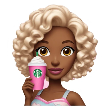 Barbie girl with curly hair holding Pink starbucks refresher sticker